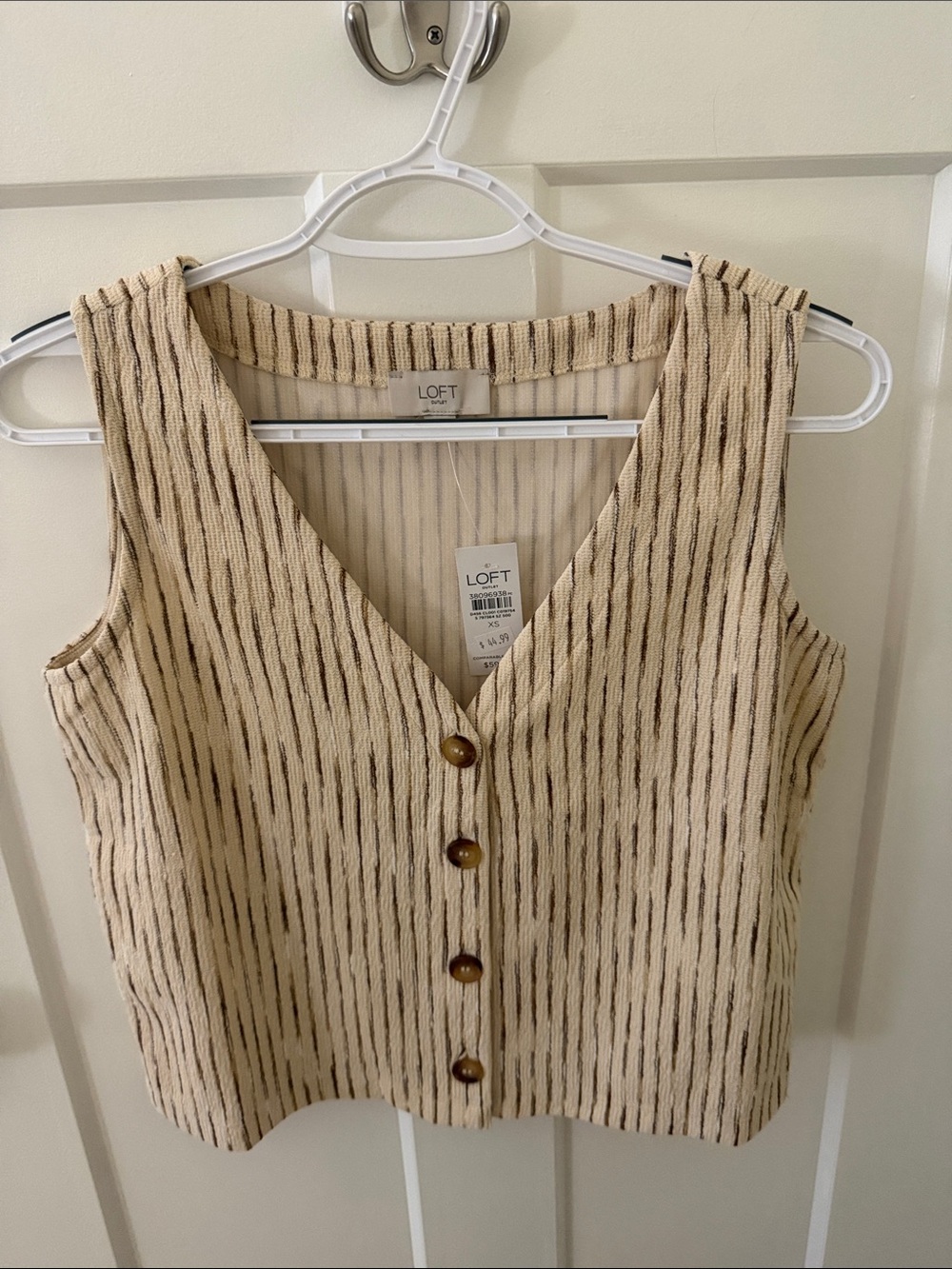 LOFT Cream and Brown Striped V-Neck Button Crop Top